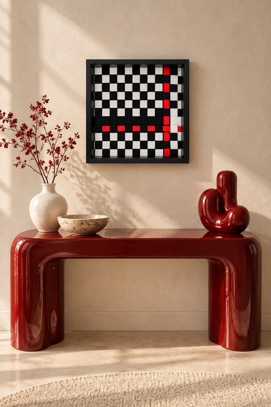 Red Chess - Handgewebtes Wandbild im schwarzen Objektrahmen, 35x35 cm