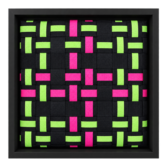 Neon Pulse - Handgewebtes Wandbild im schwarzen Objektrahmen, 35x35 cm