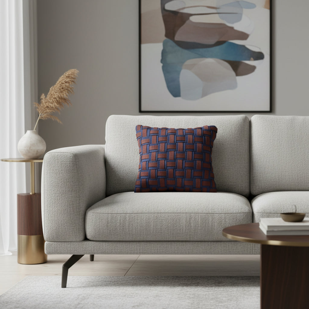 Brera - Handgewebtes Design-Kissen / Navy Blue & Cognac