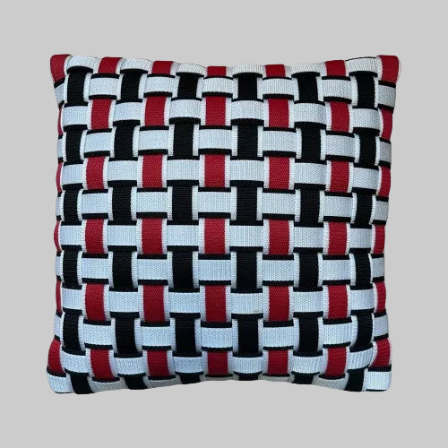 WOOVE Handgewebtes Designer-Kissen  - Grid Ästhetik in Weiß, Schwarz & Rot l Kissenbezug - WOOVE